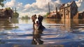 A dog swims in the water against the backdrop of a flooded village. Generative AI.