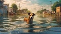 A dog swims in the water against the backdrop of a flooded village in Ukraine. Concept of ecological catastrophe. Generative AI.