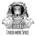 DOG for t-shirt design Astronaut. Space suit. Hand drawn image of lion for tattoo, t-shirt, emblem, badge, logo patch