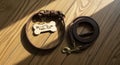 Dog Tag and Leash on Wooden Surface Royalty Free Stock Photo