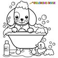 Dog in a tub taking a bath. Vector black and white coloring page.