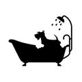 Dog taking shower in bathtub, dog grooming shop logo, pet take a bath emblem