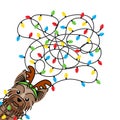 Dog tangled christmas lights in costume deer Royalty Free Stock Photo