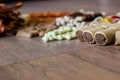 Dog tasty colored biscuits on wooden background Royalty Free Stock Photo