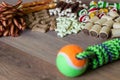 Dog tasty colored biscuits on wooden background Royalty Free Stock Photo