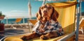 beach dog pet summer lazy vacation chair funny relax sunglasses. Generative AI.