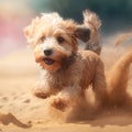 Dog terrier playing activity. Yorkshire terrier dog in running and playing activties in sand summer