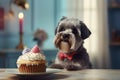 Dog with tie birthday cupcake with candle. Generate ai