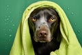 Dog with towel and water drops on green background. Studio shot, cute dog relaxed from spa procedures on the face with cucumber,