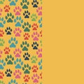 Card with dog track seamless pattern and empty space.