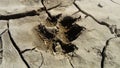 Dog trail on the ground. Imprints of the soles and paws of the animal in the mud next to the pond. Cracked earth. The Royalty Free Stock Photo