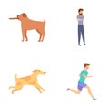 Dog trainer icons set cartoon vector. Pet owner teaching command to dog Royalty Free Stock Photo