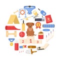 Dog training and care object. Round composition. Flat vector.