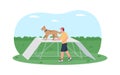 Dog training on obstacle course 2D vector web banner, poster