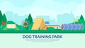 Dog training park. Banner with agility sport equipment. Vector flat.