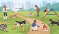 Dog training process. Owners walk their pets on dog playground with simulators, games with animals, outdoor activities Royalty Free Stock Photo