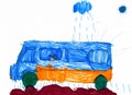 Dog travel on auto. childs drawing.
