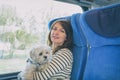 Dog traveling by train with his owner Royalty Free Stock Photo