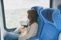 Dog traveling by train with his owner Royalty Free Stock Photo