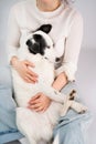 Dog trust and protection. Cuddling with adorable black and white outbred dog. Royalty Free Stock Photo
