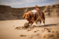 dog uncovering buried toy in sand