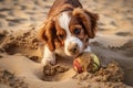 dog uncovering buried toy in sand