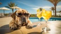 Dog on vacation with cold drinks by swimming pool, palm trees in background Royalty Free Stock Photo