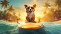 dog funny animal surfer beach wave ocean puppy vacation summer. Generative AI.