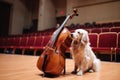 a dog violinist playing with a cat cellist in the middle of a concert hall