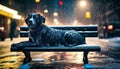 A dog waiting in the cold city night