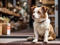 Dog waiting for its owner in front of a shop