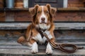 The dog is waiting for the owner, dog with leather leash waiting for a walk, pet ready for walking Royalty Free Stock Photo