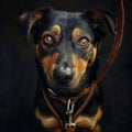 The dog is waiting for the owner, dog with leather leash waiting for a walk, pet ready for walking Royalty Free Stock Photo