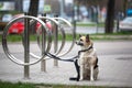 Dog waiting for owner, tied to a bicycle parking rack. Dog Tied Royalty Free Stock Photo