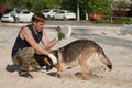 Dog on a walk with the owner in the summer. Walk with a loyal friend of the German Shepherd. Summer evening on a walk with a frien