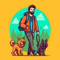 Dog walker enjoying with dogs while walking outdoors. Cartoon vector illustration Royalty Free Stock Photo