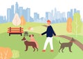 Dog Walker Job Cartoon Man Walk Park Holding Leash