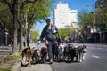Dog walker Pasea Peros with a pack of dogs in a street of the San Telmo neighborhood in the city of Buenos Aires, Argentina.