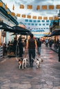 A dog walker with three dogs in an old Spanish city