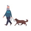 Dog walker walking pet outdoor. Senior stroll with labrador. Cartoon flat character. Pet walking service concept art Royalty Free Stock Photo