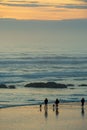 Dog walkers silhouetted on the beach at sunset on the Olympic Peninsula in Washington, USA