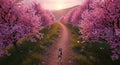 A Dog Walking on a Beautiful Pink Cherry Blossom Path in the Spring Sunset Royalty Free Stock Photo