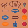Dog walking elements. Flat isolated set, pet walk items. Doggy training icons collar, leash and headstall. Play objects ball, like