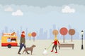 Dog walking in a public park in the fall. Two women are walking their dogs in the park in autumn against the background of the cit Royalty Free Stock Photo