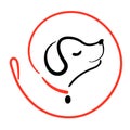 Dog walking service logo in line style on round from leash. Happy puppy training icon. Walk pet symbol in black red Royalty Free Stock Photo