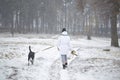 Dog walks on a leash girl in winter. Royalty Free Stock Photo