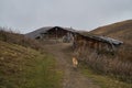 The dog walks between mountain huts in georgia Royalty Free Stock Photo