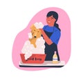 Dog washing service flat vector illustration. Hairdresser shampooing cute domestic animal cartoon character. Happy owner Royalty Free Stock Photo