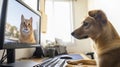 Dog watching cat on computer screen in home office setting with natural light, pet interaction concept Royalty Free Stock Photo