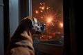 Dog watching fireworks through window. Generative AI Royalty Free Stock Photo